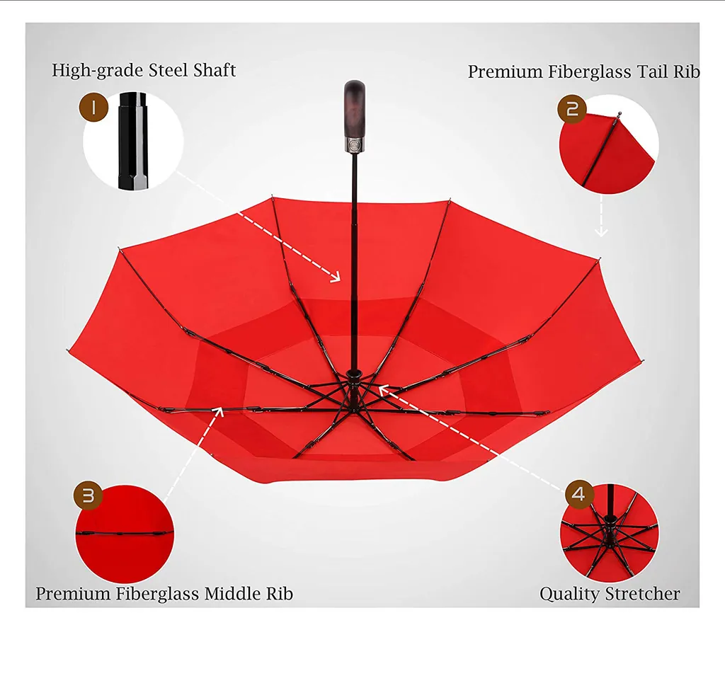 Hot Selling Foldable umbrella wooden handle automatic open and close 3 fold umbrella with carving logo, detail 4